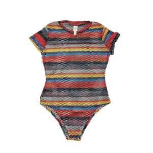 Cacia Multicolor Short Sleeve Mesh Bodysuit Women's Large